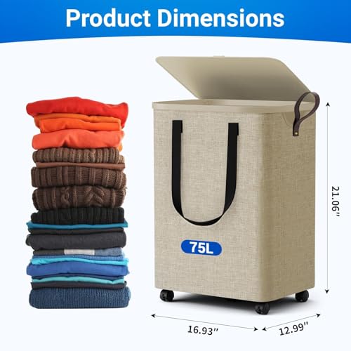 Laundry Basket with 5 Wheels, Tall Dirty Laundry Hamper, Rolling Laundry Basket with Lid, Collapsible Clothes Hamper for Bathroom Bedroom Dorm Laundry Room, Khaki, 75L - color: khaki, size: 75L