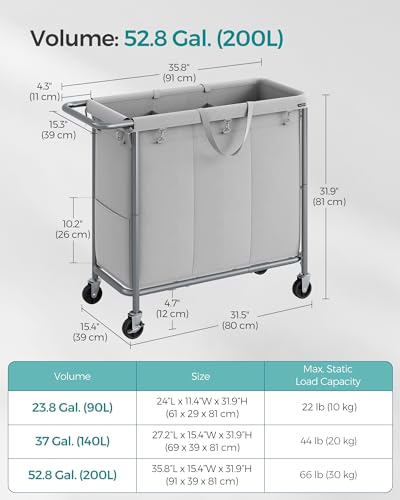 SONGMICS Laundry Basket with Wheels, 3-Section Rolling Laundry Hamper, 52.8 Gallons (200 L), Removable Liner, Steel Frame with Handle, 35.8 x 15.4 x 31.9 Inches, Dove Gray URLS005G01 - color: Dove Gray, size: 200 L (3-Section), style: Rectangular with han