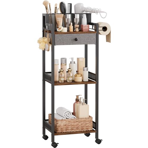 Bathroom Shelves with Drawer, 3 Tier Metal Rolling Standing Unit Storage Organizers with Toilet Paper Holder, Multifunctional Floor Corner Rack for Cosmetic, Dryer Curling Irons 12.8in Wide - color: 12.8“ Black With Drawer
