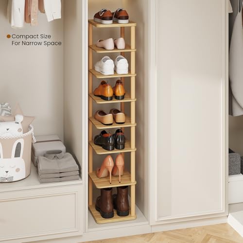 LUCKNOCK Vertical Shoe Rack, 8-Tier Tall Narrow Shoe Organizer for Entryway, Closet, Dorm & Small Spaces, Freestanding Wooden Shoe Shelf Tower for Boots, Sneakers, Heels. (Natural) - color: Natural