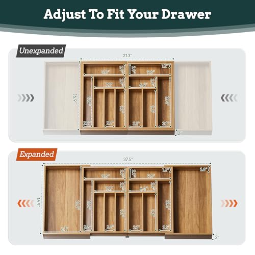 Silverware Organizer Large, Magnetic Connected Expandable 13 Slots Silverware Drawer Organizer From 21 to 37.4 Inches, Adjustable Flatware and Cutlery Holder, Bamboo Utensil Tray for Kitchen Acacia - color: Acacia, size: 13 Slots