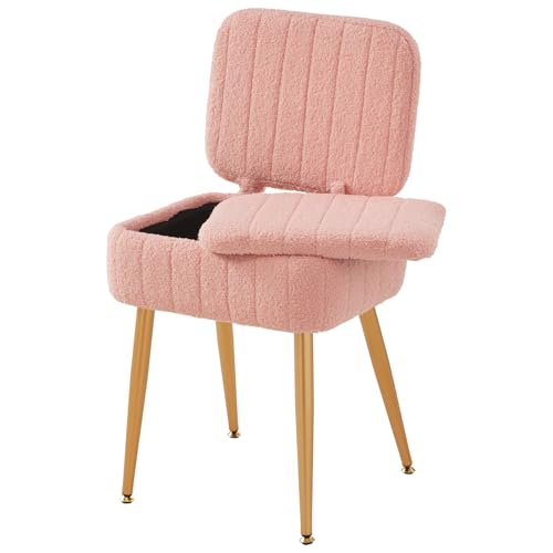 Updated Vanity Chair, Storage Ottoman with Folding Back & Gold-Toned Metal Legs, Ottoman Seat with Teddy Velvet for Dressing Room Living Room Bedroom, 16" x 12.5" Inch - color: Pink, size: 16" x 12.5"