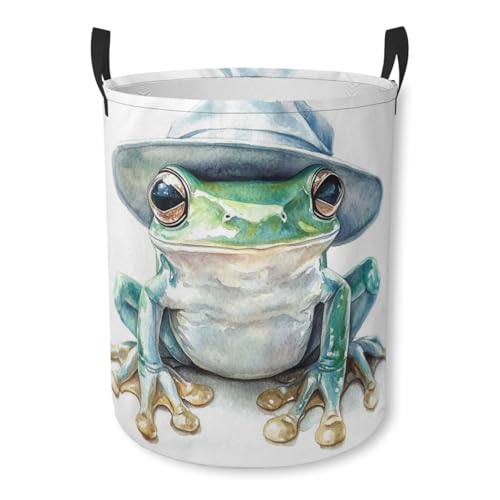 Green Frog Laundry Basket Funny Foldable Laundry Hamper with Handles Clothes Storage Bin for Household Bedroom Bathroom Dorms 17.3"x13.6" - color: Green Frog