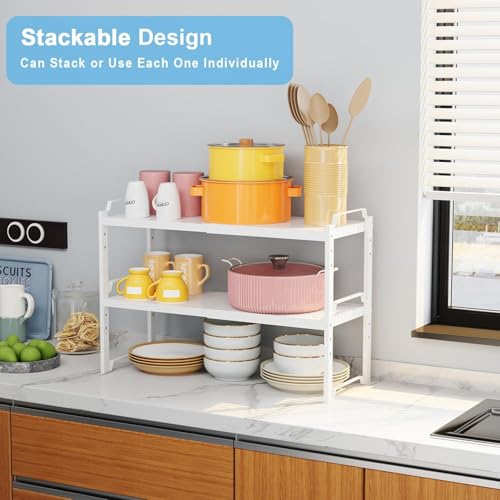 2 Pack Stackable Expandable Shelves For Kitchen Cabinet Countertop Storage, Adjustable Counter Cupboard Pantry Organizer Shelf Rack Stand, Length:25.5 Inch - color: White, size: 2 Pack: 15.5"-25.5"L