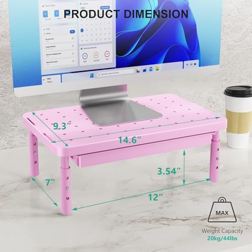 WALI Computer Monitor Stand with Storage, Desk Monitor Riser 3 Height Adjustable, Laptop Riser with Airflow Vents, Desk Organizer for Computer, Laptop, Printer (PTT002-P), 1 Pack, Pink - color: Pink, size: with Drawer