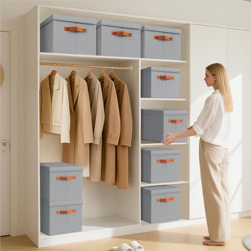 Homsorout Storage Bins with Lids - Fabric Storage Baskets for Shelves, 4 Pack Foldable Decorative Boxes with Handles, Stackable Organizer Bins for Home, Nursery, Dorm, Grey - color: Grey, size: L(4-Pack)