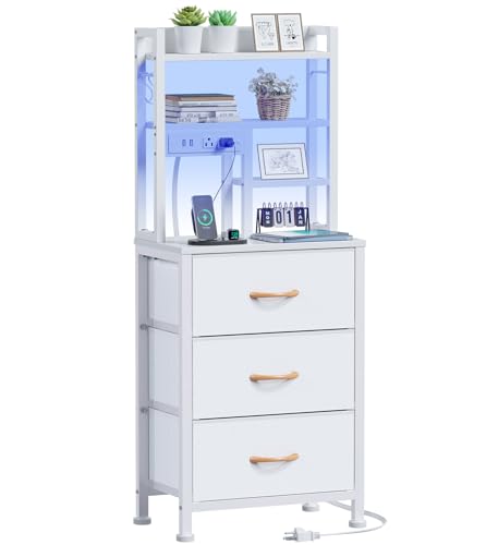 Furnulem Tall Nightstand with LED Lights and 3 Tier Shelves, Night Stand with 3 Fabric Drawers, 45.3inch Tall Bedside Tables with USB Ports and Outlets in Bedroom, Dorm, Office (White) - color: White, size: 3 Drawer
