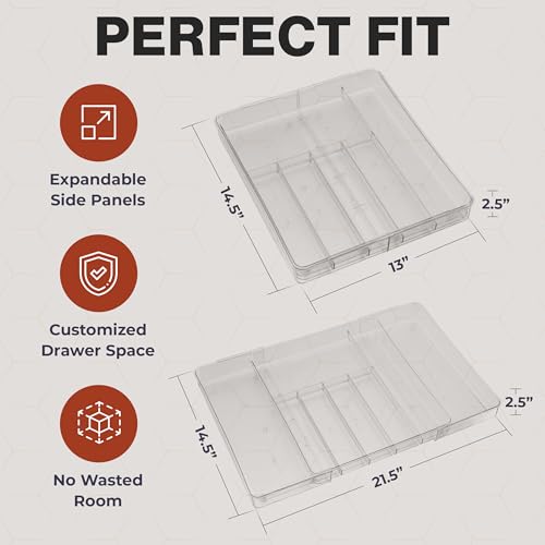 Masirs Expandable Utensil Drawer Organizer - BPA-Free Plastic Clear Silverware Tray with Multiple Compartments - Non-Slip Cutlery Storage for Kitchen, Bathroom, or Office Drawers (Clear) - color: Clear