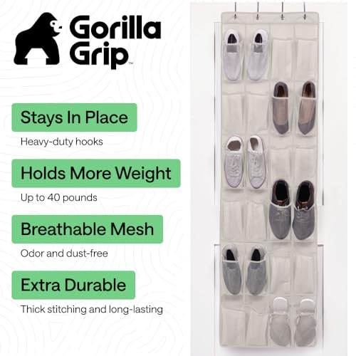 GORILLA GRIP Over the Door Shoe Organizer, 24 Large Breathable Mesh Pockets, Space Saving Hanging Storage Holder, Closet Rack Hanger Holds Up to 40 lbs, Hangs on Closets for Shoes, Accessories, Linen - color: Linen, size: 24 Pockets/4 Hooks