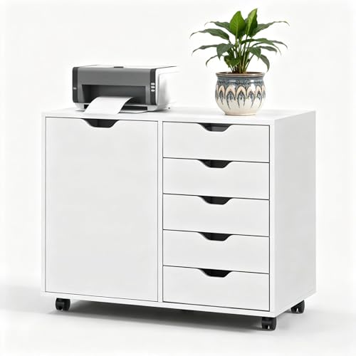 5-Drawer Wood Drawer Cabinet, Office Storage Cabinet with Adjustable Shelf & Wheels, Printer Stand for Home Office, White, 15.7" D x 30.7" W x 25.4" H - color: White
