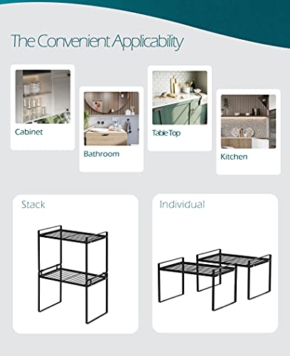 Shantton 2pk Kitchen Cabinet Shelf Counter Organizer Rack Pantry Storage Bathroom Bedroom Office Table Desk Space Saving Steel Frame Stackable Rust Resistant Non Slip Black-Tall-L13in W8.3in H9.5in - color: Black, size: L13" W8.3" H9.5"