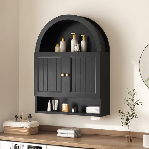 UPOSOJA Arched Bathroom Wall Cabinet, 27.4 x 36.4'' Over The Toilet Cabinet with Grille Door, Adjustable Shelf, Wall Mounted Cabinets for Bathroom Laundry Room Kitchen (Black, 36IN) - color: Black, size: 36IN