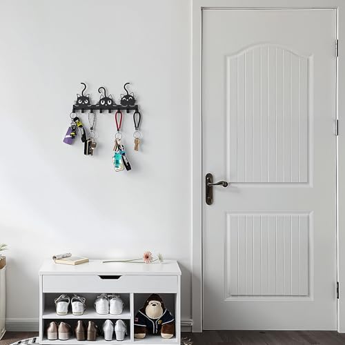 Key Holder Wall Mounted with Screws and Anchors, Black Multifunctional Key Hanger with 8 Hooks, Entryway Front Door Kitchen Hallway Garage Office - color: 3 Cats Black