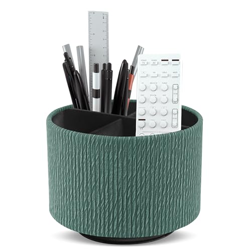 Round Leather Art Supply Organizer,Remote Control Holder,360 Degree Spinning,Multi-Functional Pencil Holder,4 Compartments Desktop Stationary Organizer(1-Wood Green) - color: 1-Wood Green
