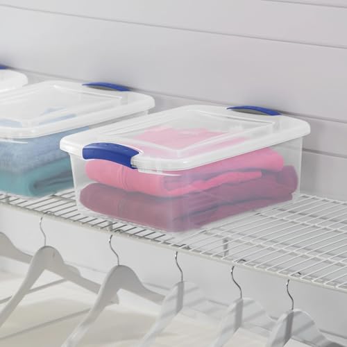 15 Quart Clear Plastic Storage Bins with Lids, Small Latching Storage Container for Closet Organization, Toy Storage and Pantry, Stackable Organizer Box with Blue Latches (1)
