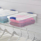 15 Quart Clear Plastic Storage Bins with Lids, Small Latching Storage Container for Closet Organization, Toy Storage and Pantry, Stackable Organizer Box with Blue Latches (1)