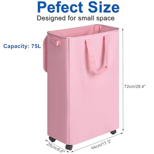 Vincona Slim Laundry Hamper with Lid and Wheels, Small Rolling Laundry Basket with Handle for Small Spaces, Tall Dirty Clothes Hampers for Dorm, Bathroom and Bedroom, 75L, Pink - color: Pink, size: 75L