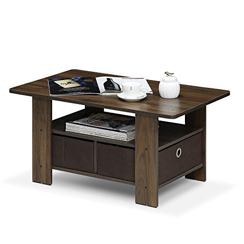 Furinno Andrey Coffee Table with Bin Drawer, Columbia Walnut/Dark Brown - color: Columbia Walnut/Dark Brown, style: 2 Bin