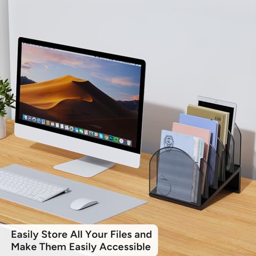 5-Section Desk File Organizer, Metal Mesh Folder Organizer for Documents, Mail & Office Papers (Black) - color: Black