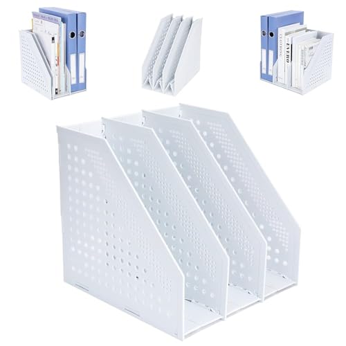 FRETONBA Collapsible Magazine File Holder with 3 Vertical Compartments Foldable Binder Holder for Desk Binder Storage Organizer Plastic Magazine Holders for Shelf, Light Gray - color: Light Grey, size: 3 Compartments - 1Pcs