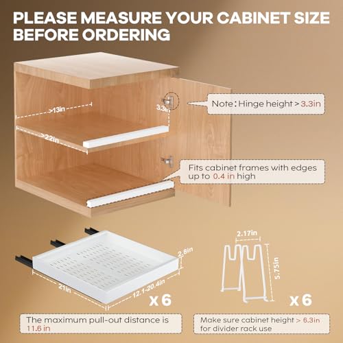 Seinloes 6 Pack Pull out Cabinet Organizer 21"Deep with Raising Pad for Framed Cabinets, Expandable Slide out Drawers for Kitchen Cabinets with 6pcs Divider Racks, Roll out Shelves 12.1"-20.4" W White - color: White, size: 12.1"-20.4"W x 21"D(6Pack)