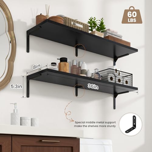Fun Memories Deep Floating Shelves, 36W x 8D Floating Shelves Set of 2, Wall Mounted Shelf with Metal Brackets, Rustic Wood Wall Shelf for Bathroom, Kitchen and Living Room, Black - color: Black- L Bracket, size: 36"W x 8"D
