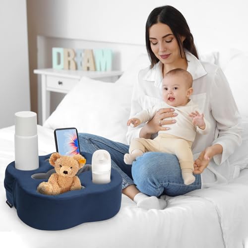 Couch Cup Holder Pillow, Sofa Organizer Caddy Bed Refreshment Tray for Drinks, Remotes, Phones, Snacks (Navy) - color: Navy, size: 12*12*3.7 Inch