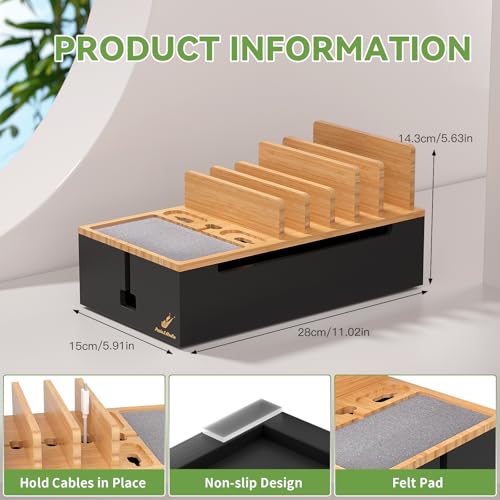 Pezin & Hulin Cable Management Box, Docking Station for Multi Devices, with 5 Ports Charge Adapter and 6 Cables, Wire Organizer for Cords, Box to Hide Cords and Storage Power Strip -Natural + Black - color: Natural+Black