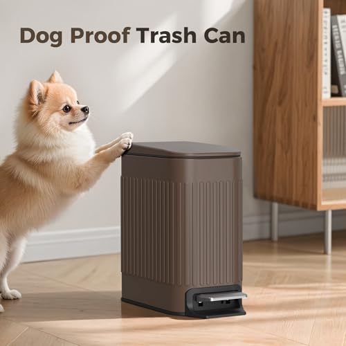 TrashAid Slim Bathroom Trash Can with Lid Soft Close, 6 Liter/1.6 Gallon Stainless Steel Small Garbage Can with Removable Inner Bucket, Step Pedal, Slim Wastebasket for Toilet, Office, Bedroom, Brown - color: Brown