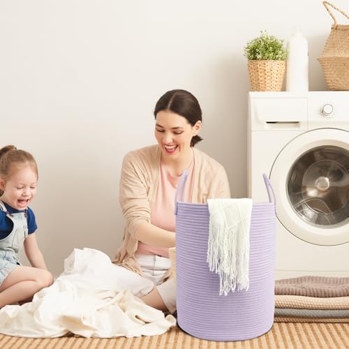 Woven Cotton Rope Laundry basket-15”X20” Laundry Hamper-Rope Storage Basket for Dirty Clothes, Toys and Blankets Perfect for Bathroom, Baby nursery and Living Room Storage (purple) - color: purple, size: regular