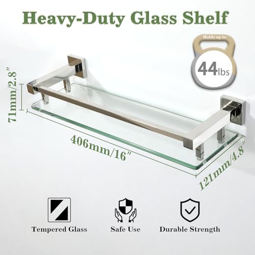 Alise Bathroom Glass Shelf with Stainless Steel Railing, Polished Chrome Small Tempered Glass Floating Wall Shelf Over The Toilet, 16 inch - color: Polished Chrome, size: 16 Inch