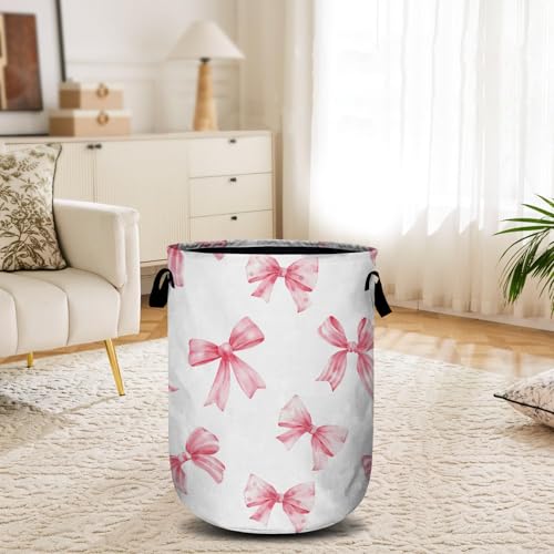 Pink Bow Laundry Basket, Laundry Hamper Collapsible Oxford Cloth with Handle Clothes Toy Storage Bin for Bathroom Laundry Room Bedroom 15.7 X 20 Inch - color: Pink Bow