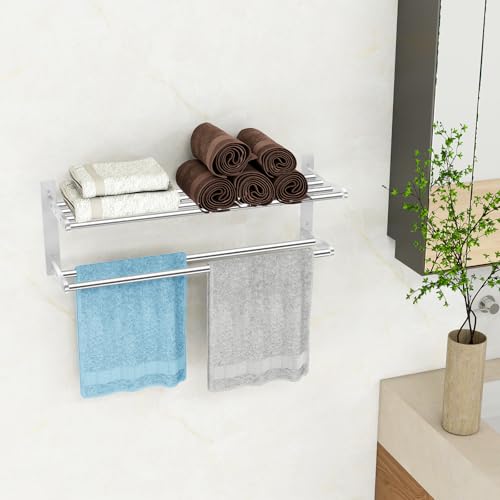 Towel Racks for Bathroom 24 Inch, 2 Tier Towel Shelf with Double Towel Bar, Stainless Steel Bath Towel Rack Wall Mounted, Towel Holder Towel Storage Rack for Bathroom, Brushed Nickel - color: Brushed Nickel, size: 2-Tier