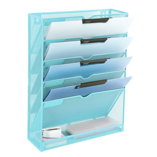 EASEPRES 6 Tier Mesh Hanging Wall File Organizer, Desk Vertical Mail Paper Document Folder Holder Rack with Bottom Tray and Nametag Label for Office Home School, Blue - color: Blue, size: 6 Tier