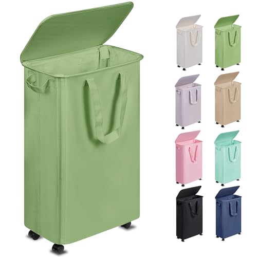 Vincona Slim Laundry Hamper with Lid and Wheels, Small Rolling Laundry Basket with Handle for Small Spaces, Tall Dirty Clothes Hampers for Dorm, Bathroom and Bedroom, 55L, Soga Green - color: Sage Green, size: 55L