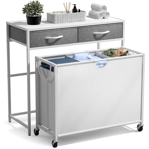 Sorbus 3 Section Laundry Hamper with Shelf and 2 Drawers for Laundry Room Organization, Laundry Basket with Wheels, Rolling Laundry Hamper, Laundry Sorter for Optimal Storage and Organization (White) - color: White