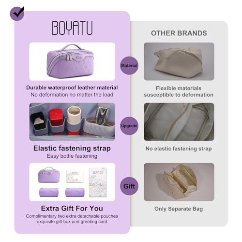 BOYATU Travel Makeup Bag for Women: Cosmetic Organizer Bag with Compartments - Leather Make up Bags Set of 3 (G-1-Purple) - color: G-1-Purple