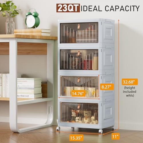 4 Tier Stackable Plastic Storage Bins with Lid and Wheels - 23 QT Closet Organizers and Storage, Foldable Storage Containers, Organization and Storage Boxes for Craft, Home, Pantry, Dorm, Grey - color: Grey