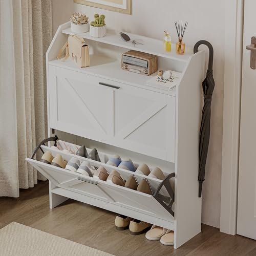 Mericonia Farmhouse Shoe Cabinet with 2 Flip Drawers, Shoes Storage Cabinet, Freestanding Shoe Rack Organizer for Entryway, White - color: C-white (Flip Drawers)
