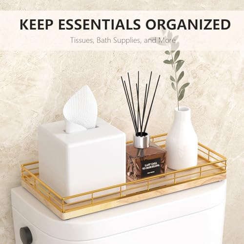 Toilet Paper Basket Organizer – Oak Wood Toilet Tank Tray with Metal Frame, Bathroom Counter Top Storage for Toilet Paper, Wipes & Decor, Modern Narrow Back of Tank Shelf Organizer, Gold & Nature Oak - color: Gold & Oak, size: 13" x 6.5" x 2"