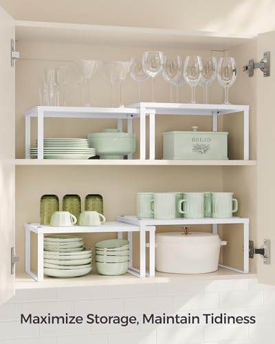 SONGMICS Spice Racks, Set of 4 Metal Cabinet Shelf Organizers, Countertop Organizers, Shelf Risers, Stackable, Expandable, White UKCS006W01 - color: White