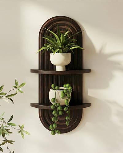 Bamworld Boho Wall Decor Plant Wall Shelf Mid Century Modern Decor Hanging Plant Shelf 2-Tier Wooden Floating Shelves for Home Bathroom Bedroom Living Room Office Holding Planter Decoration Walnut - color: Walnut, size: 16.7'' -1 Pcs