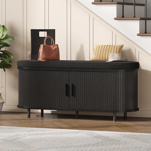 Oval Shoe Storage Bench with Padded Seat Cushion, 2-Tier Fluted Shoe Cabinet with Adjustable Shelves, Mid-Century Bench Compact for Entryway, Hallway, Closet, Front Accent, Foyer, Bedroom, Black