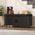Oval Shoe Storage Bench with Padded Seat Cushion, 2-Tier Fluted Shoe Cabinet with Adjustable Shelves, Mid-Century Bench Compact for Entryway, Hallway, Closet, Front Accent, Foyer, Bedroom, Black