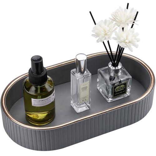 GORESE PU Leather Valet Tray Perfume Organizer, Oval Jewelry Trays Nightstand Organizer Key Bowl Trinket Dish for Dresser Bedside, Vanity Tray for Bathroom, EDC Trays for Men Women, 11×5.9 in, Gray - color: Light Gray