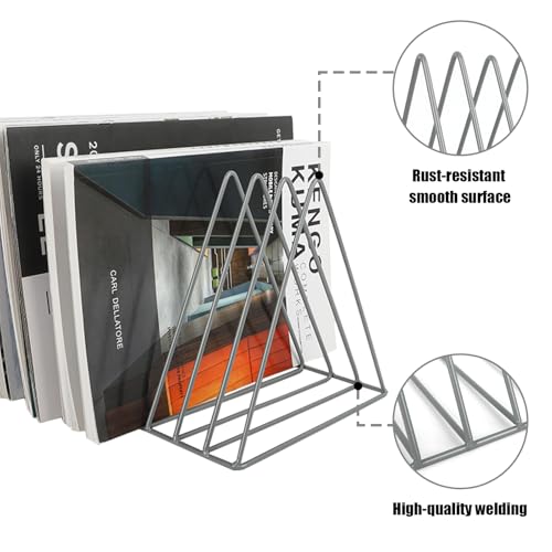EASEPRES Vinyl Record Holder Storage, 9 Slot Metal Magazine Book Album Display Rack, Stylish Triangle Desktop File Sorter Organizer for Home Office, Grey - color: Grey