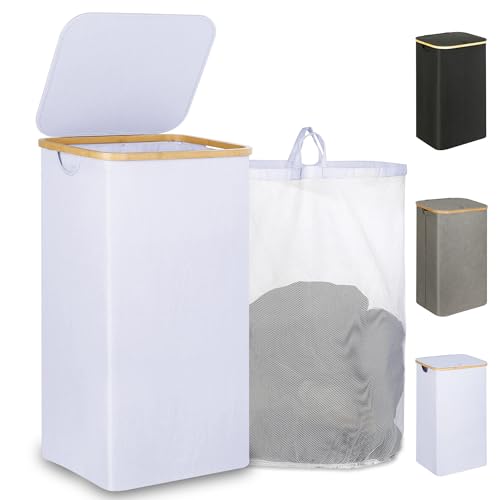 iEGrow 110L Laundry Hamper with Lid，Dirty Clothes Hampers for Laundry,Laundry Basket with Bamboo Handles and Removable Bag,Hamper for Bedroom, Bathroom, Dorm, Laundry Room, White - color: White, size: 110L