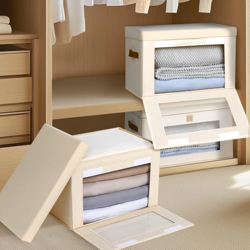 Homsorout Large Closet Storage Bins - Collapsible Clothing Organizer with Handles & Window, Decorative Bin with Lids, Linen Closet Organizers for Living Room, Dorm, 6 Pack, Beige - color: Beige, size: Large - 6 Pack