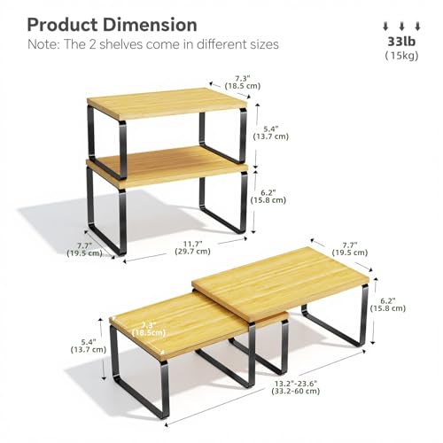 Simple Trending Bamboo Cabinet Organizer Shelf, Set of 2 Kitchen Counter Shelves, Stackable Expandable Spice Rack Kitchen Storage, Black and Natural Beige