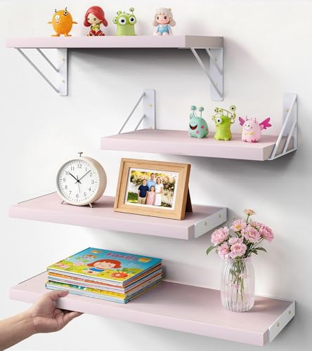 BAYKA Wall Shelves for Bedroom Decor, Pink Floating Wall Shelf for Living Room Kitchen Storage,Mounted Rustic Wood Shelves for Kids Books, Corner Shelf for Bathroom(16in，Set of 4) - color: H. Pastel Pink Board & White Brackets, size: 16-inch Mixed